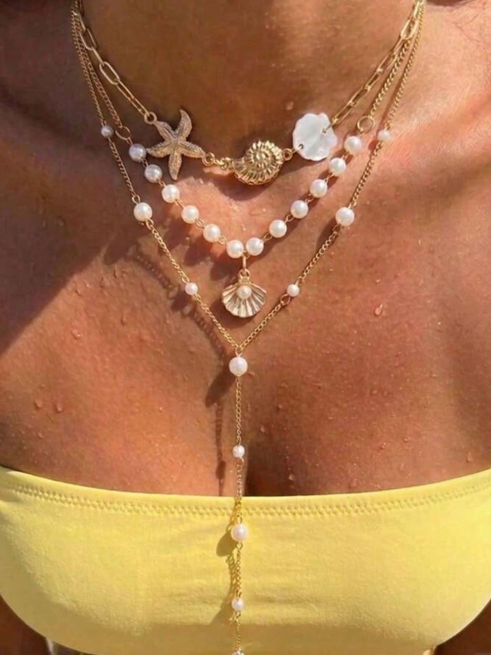 Gold Pearl Layered Seashell & Starfish Necklace – Coastal Vacation Jewelry